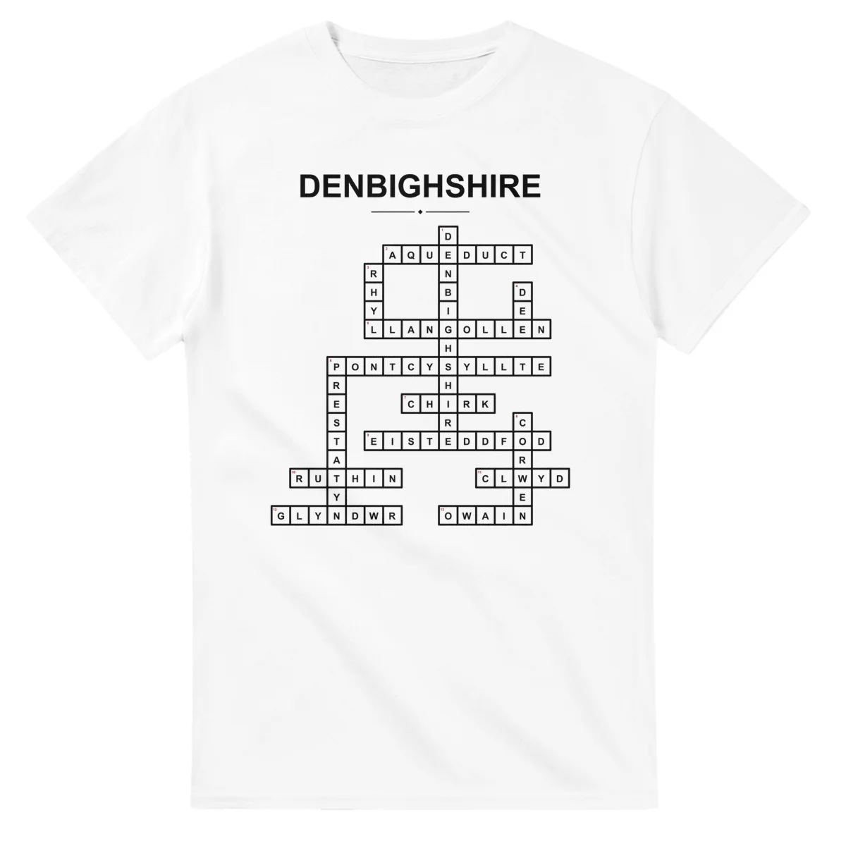 Monochrome crossword sheet for Denbighshire, with a large place-name heading, a letter grid, and numbered across and down clues.