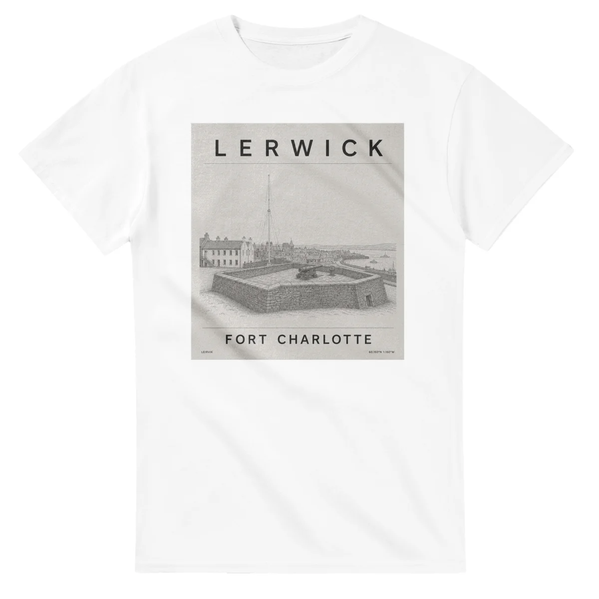 Fine-line engraving-style drawing for Lerwick, with a landmark caption and small coordinate text.