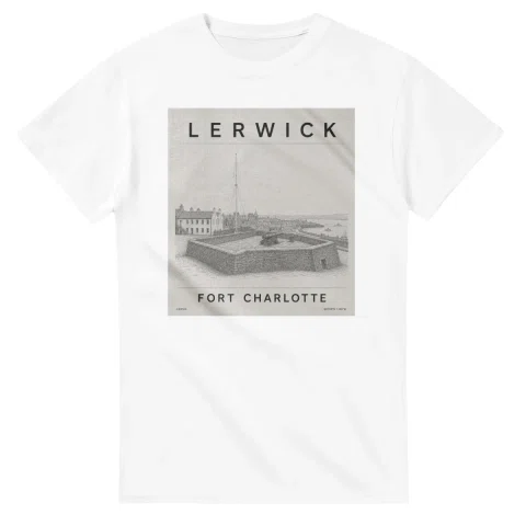 Fine-line engraving-style drawing for Lerwick, with a landmark caption and small coordinate text.