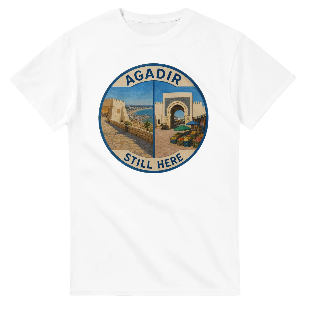 Painted, panelled scenic illustration for Agadir, with paired local scenes and the place name in lettering.