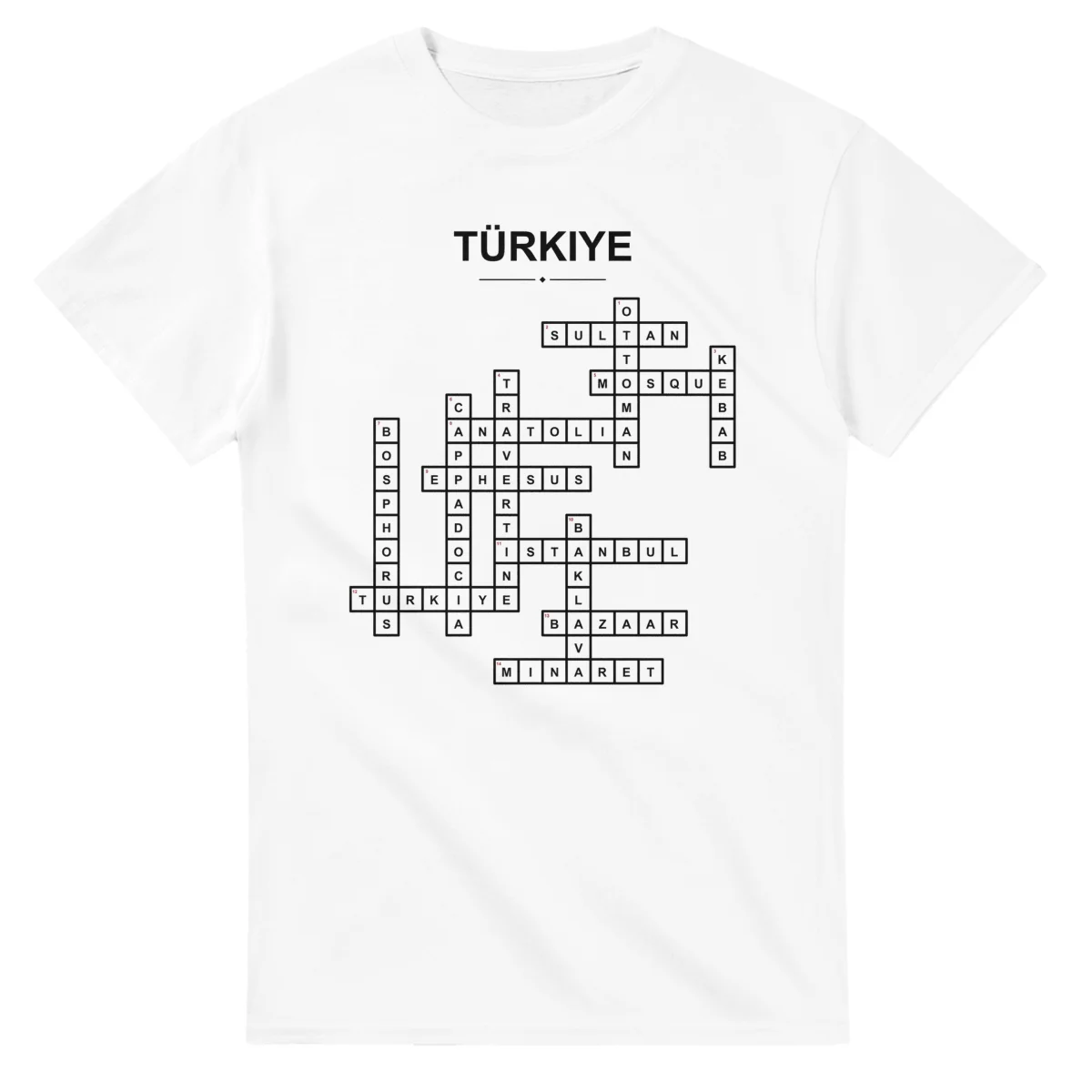 Monochrome crossword sheet for Türkiye, with a large place-name heading, a letter grid, and numbered across and down clues.