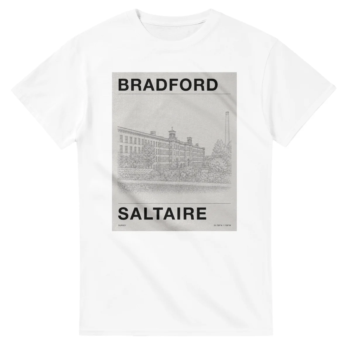Fine-line engraving-style drawing for Bradford, with a landmark caption and small coordinate text.
