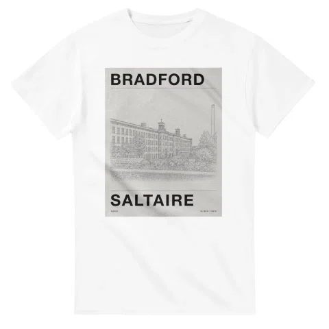 Fine-line engraving-style drawing for Bradford, with a landmark caption and small coordinate text.