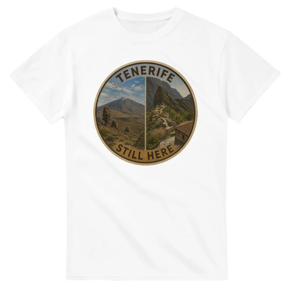 Painted, panelled scenic illustration for Tenerife, with paired local scenes and the place name in lettering.