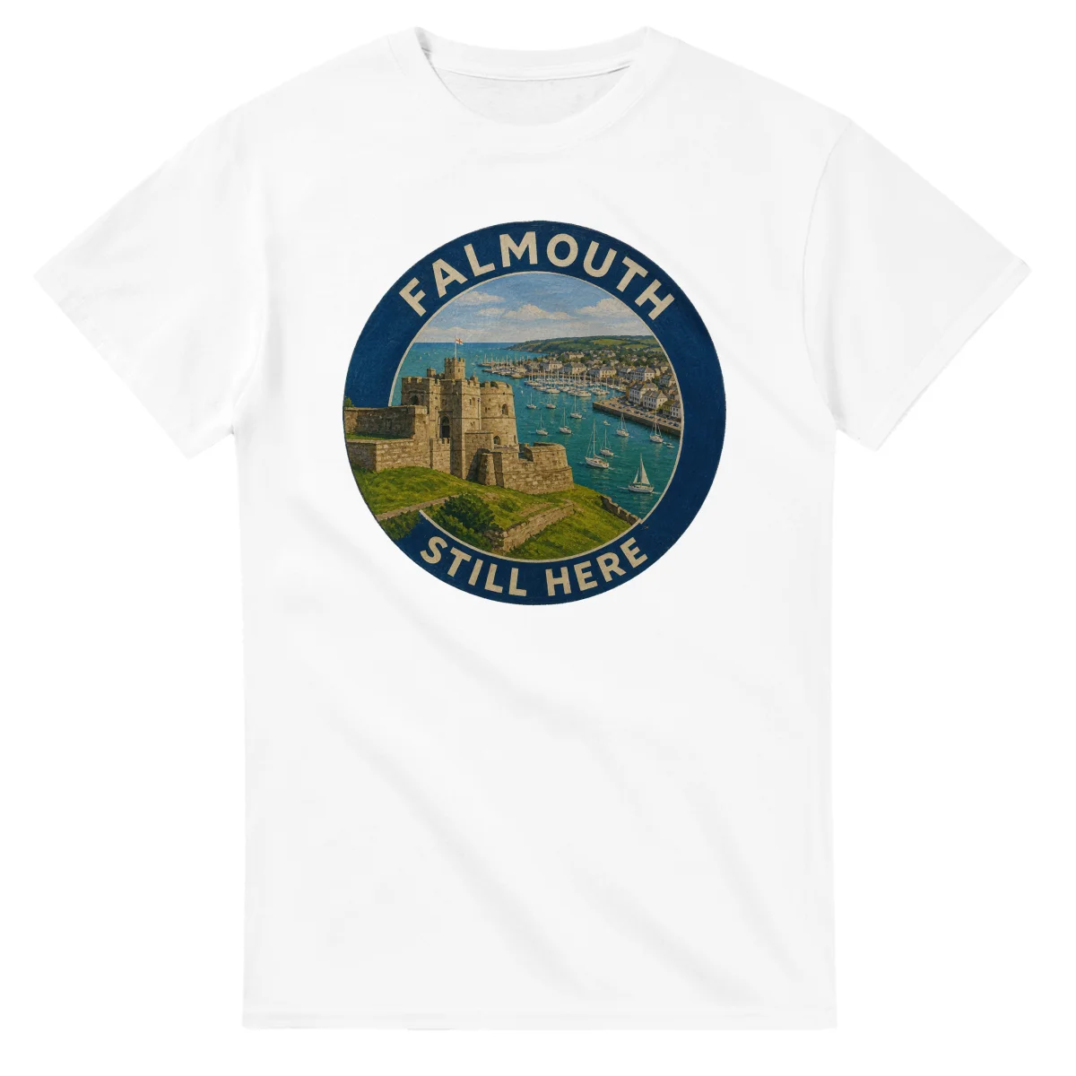 Painted, panelled scenic illustration for Falmouth, with paired local scenes and the place name in lettering.