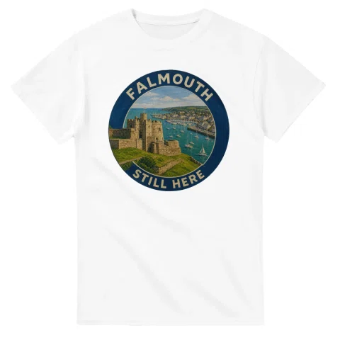 Painted, panelled scenic illustration for Falmouth, with paired local scenes and the place name in lettering.