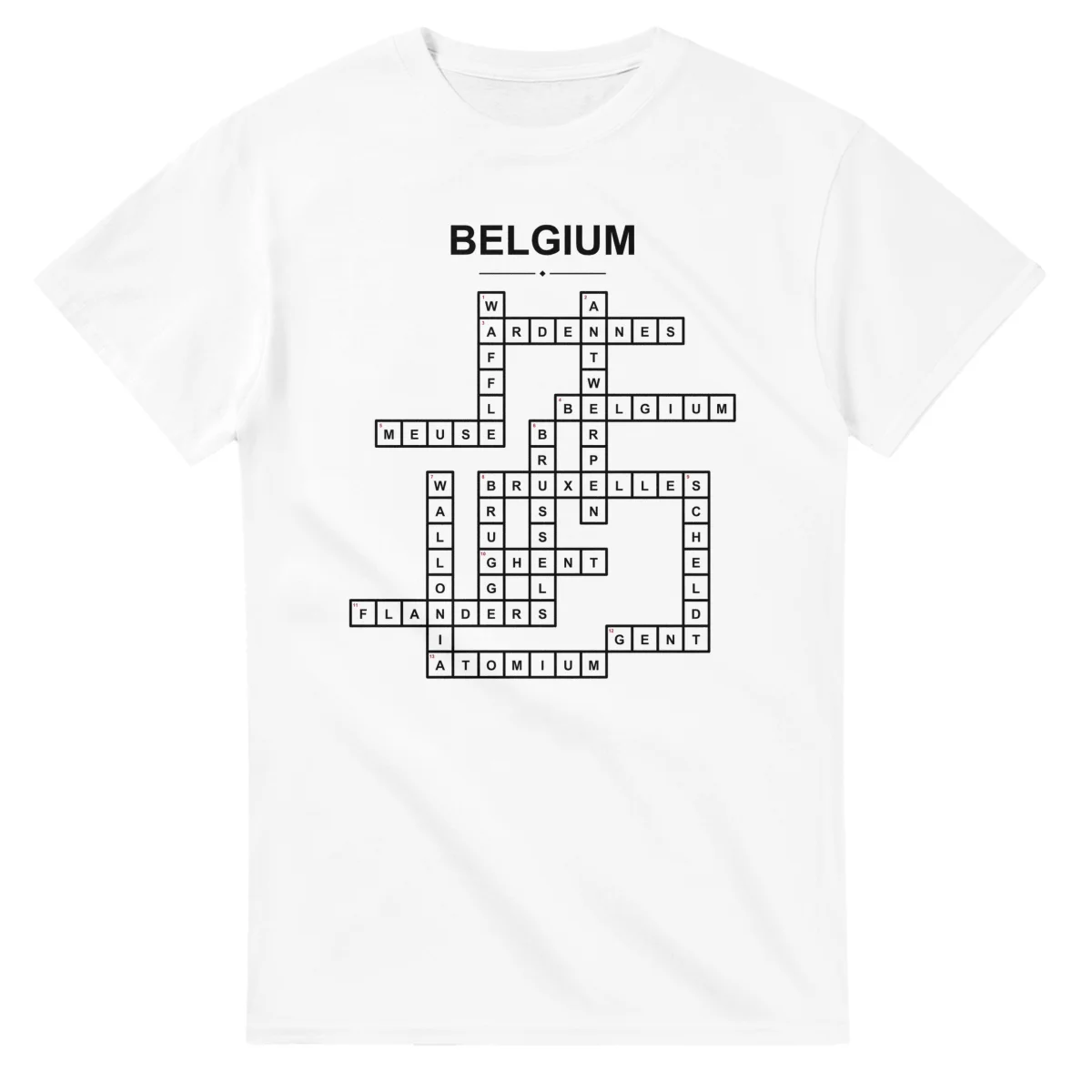 Monochrome crossword sheet for Belgium, with a large place-name heading, a letter grid, and numbered across and down clues.