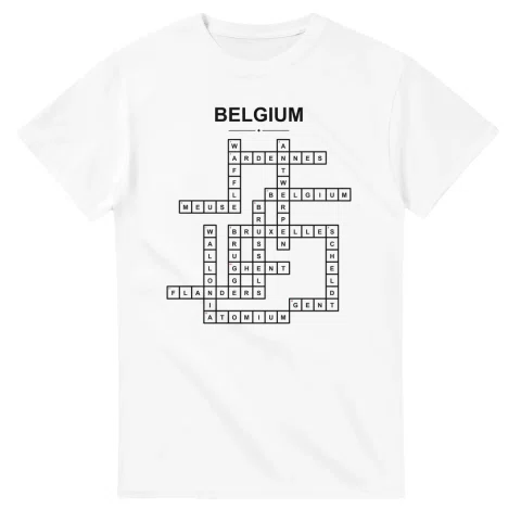 Monochrome crossword sheet for Belgium, with a large place-name heading, a letter grid, and numbered across and down clues.