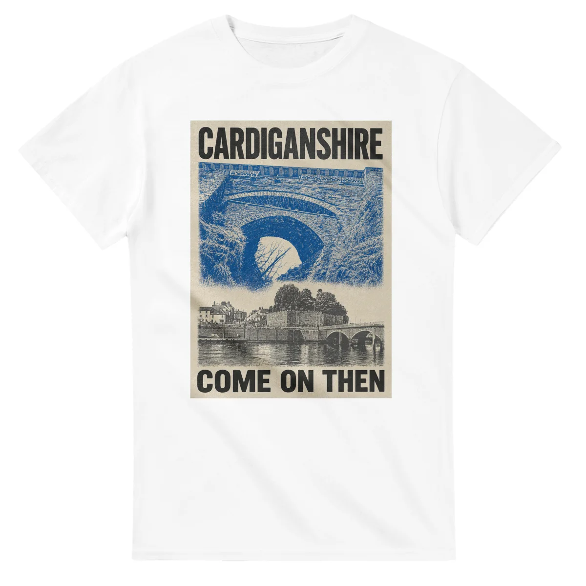 Two-colour scenic illustration for Cardiganshire, with the place name and COME ON THEN lettering.