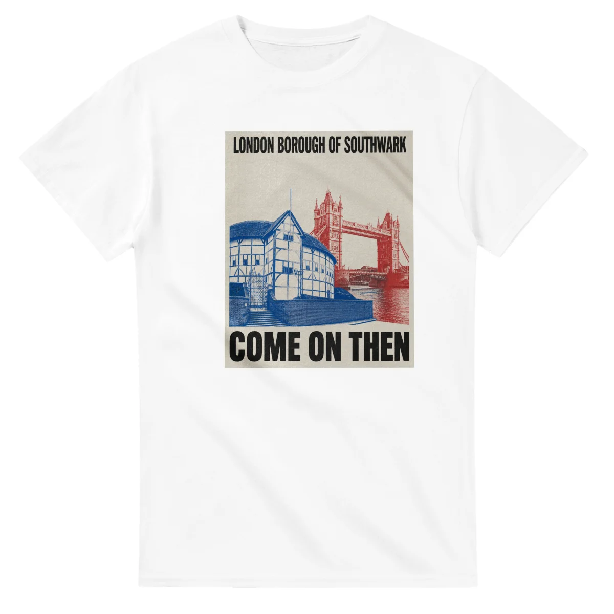 Two-colour scenic illustration for London Borough of Southwark, with the place name and COME ON THEN lettering.