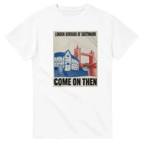 Two-colour scenic illustration for London Borough of Southwark, with the place name and COME ON THEN lettering.