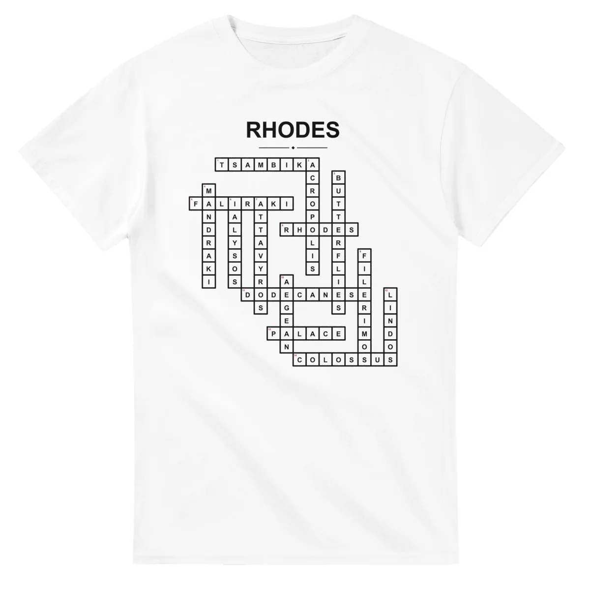 Monochrome crossword sheet for Rhodes, with a large place-name heading, a letter grid, and numbered across and down clues.