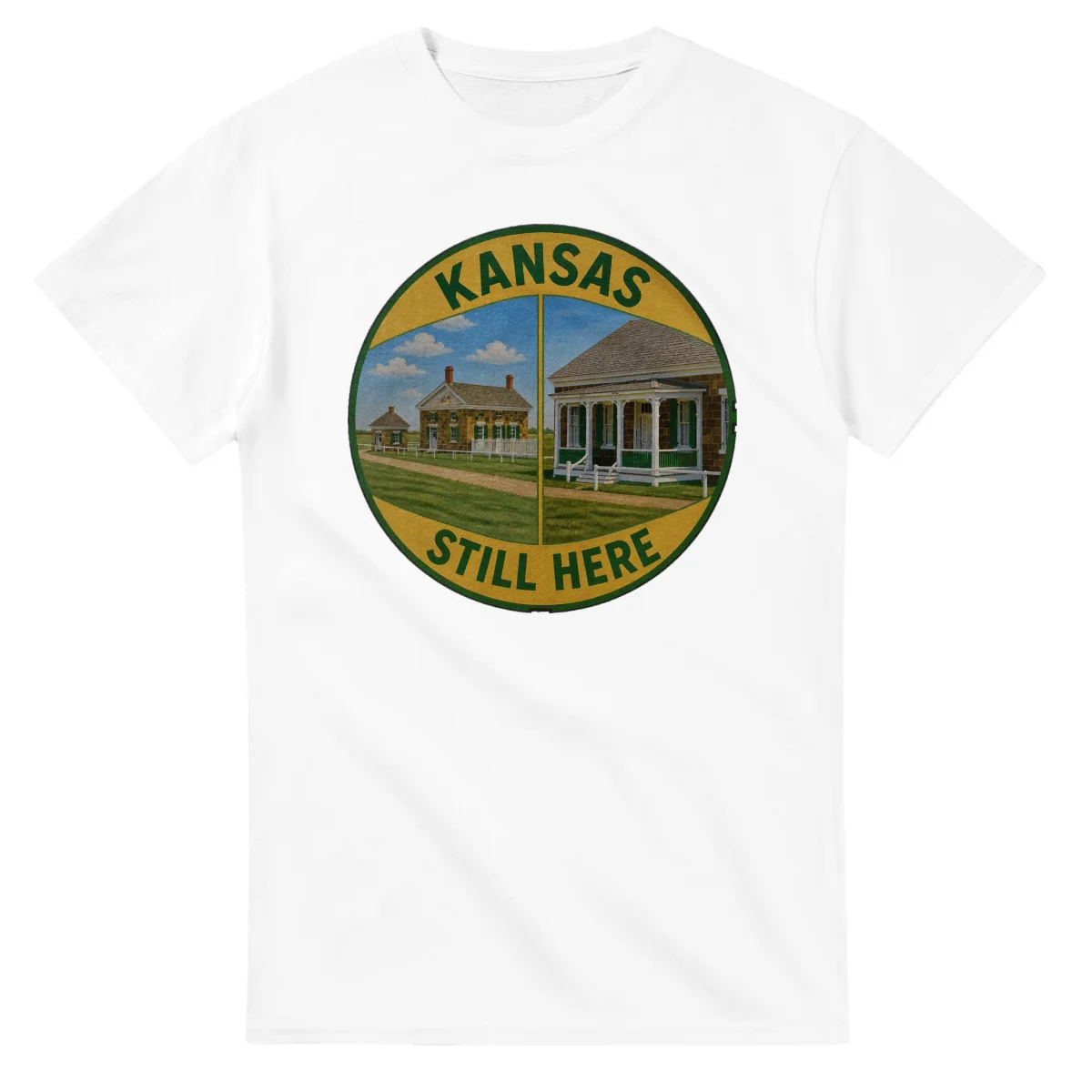 Painted, panelled scenic illustration for Kansas, with paired local scenes and the place name in lettering.