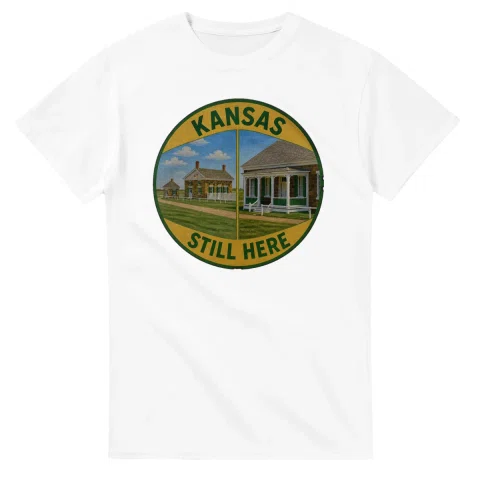 Painted, panelled scenic illustration for Kansas, with paired local scenes and the place name in lettering.