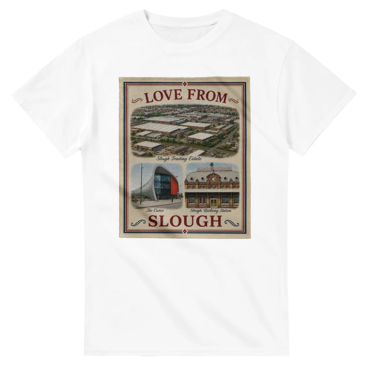 Framed scenic design for Slough, with several local views, a decorative border and LOVE FROM lettering.