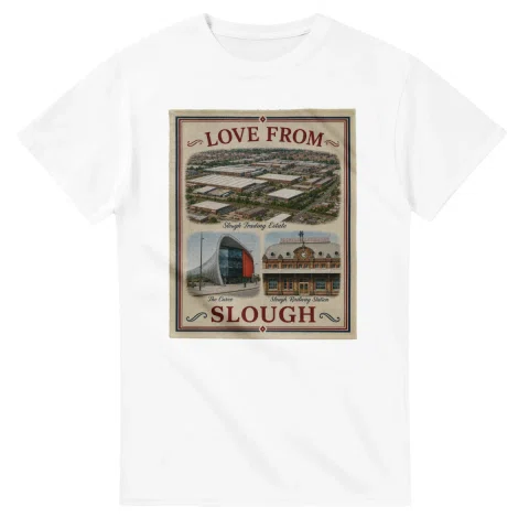 Framed scenic design for Slough, with several local views, a decorative border and LOVE FROM lettering.