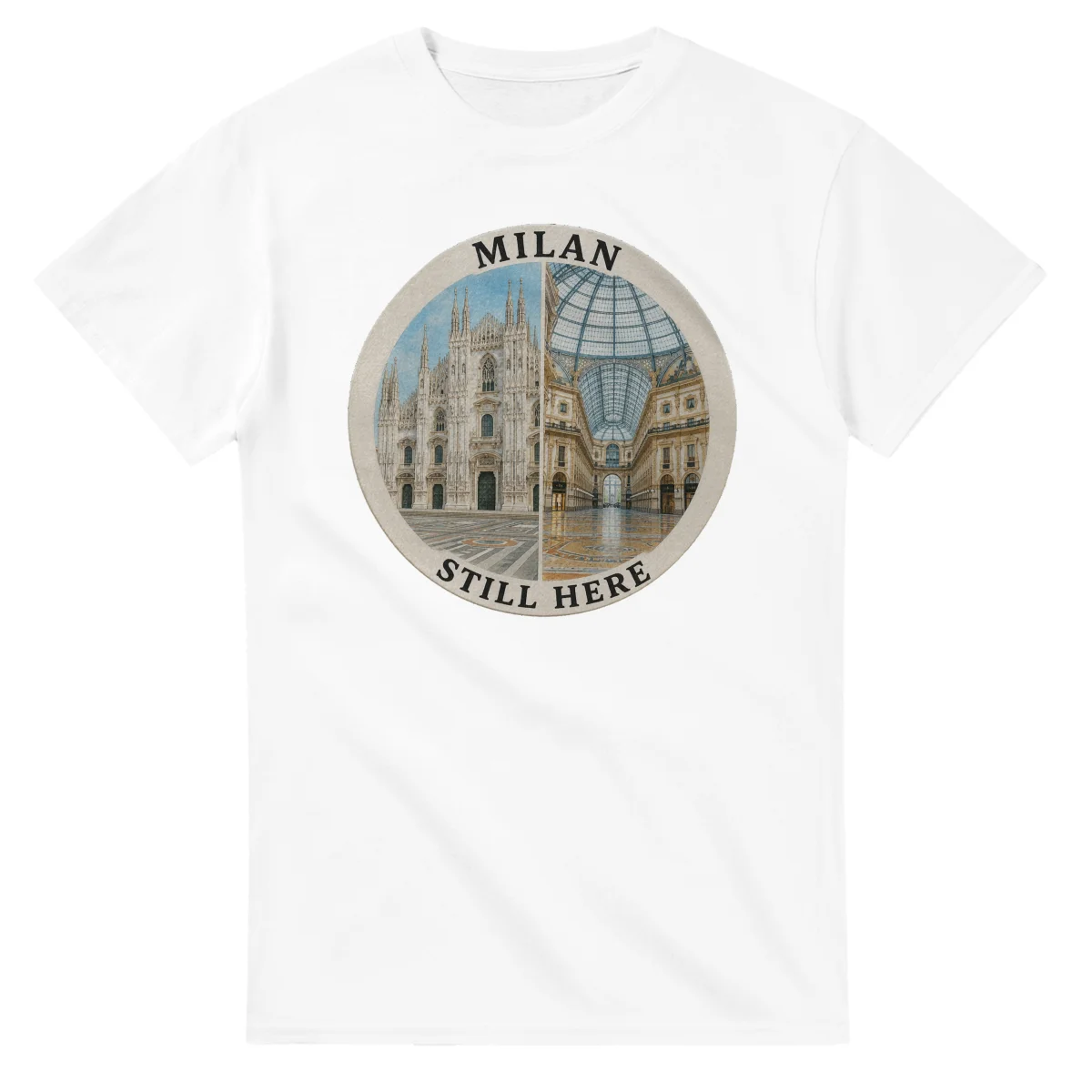 Painted, panelled scenic illustration for Milan, with paired local scenes and the place name in lettering.
