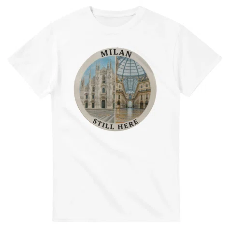 Painted, panelled scenic illustration for Milan, with paired local scenes and the place name in lettering.