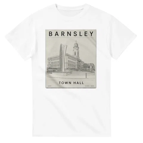 Fine-line engraving-style drawing for Barnsley, with a landmark caption and small coordinate text.