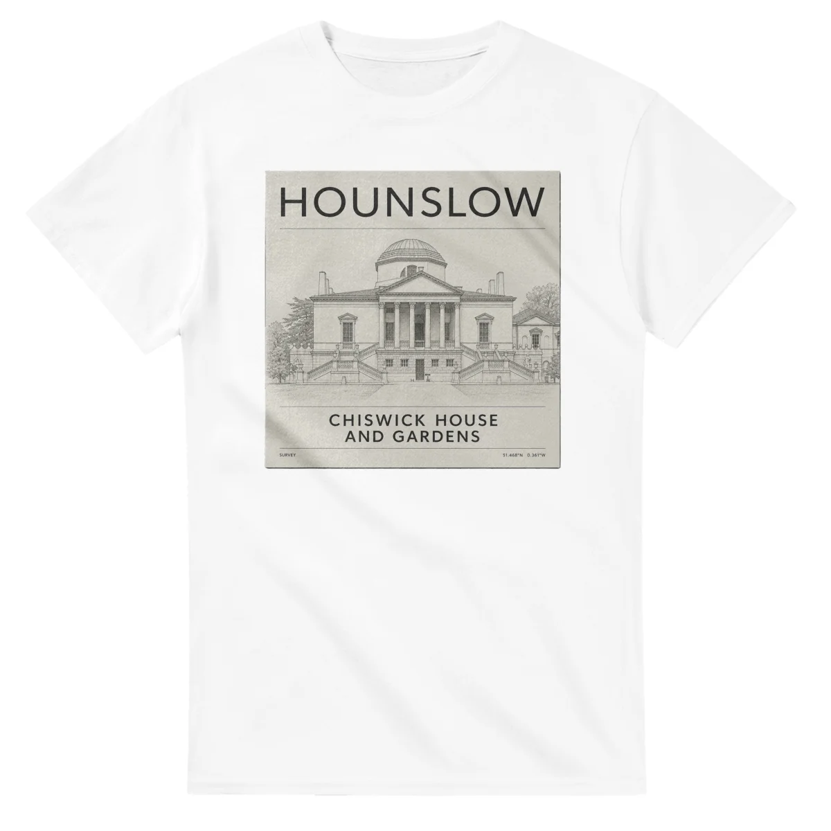 Fine-line engraving-style drawing for London Borough of Hounslow, with a landmark caption and small coordinate text.