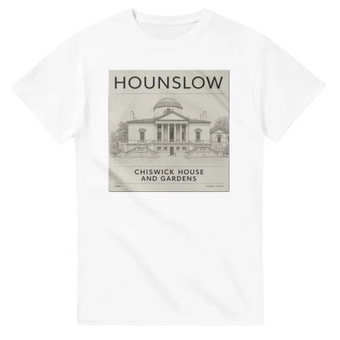 Fine-line engraving-style drawing for London Borough of Hounslow, with a landmark caption and small coordinate text.