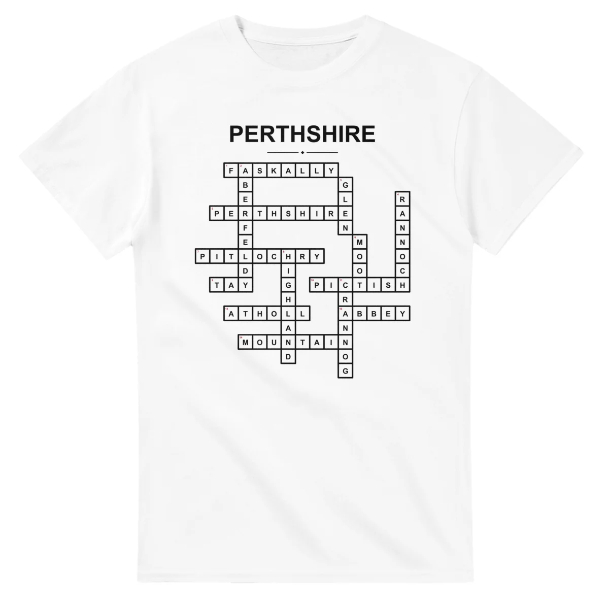 Monochrome crossword sheet for Perthshire, with a large place-name heading, a letter grid, and numbered across and down clues.