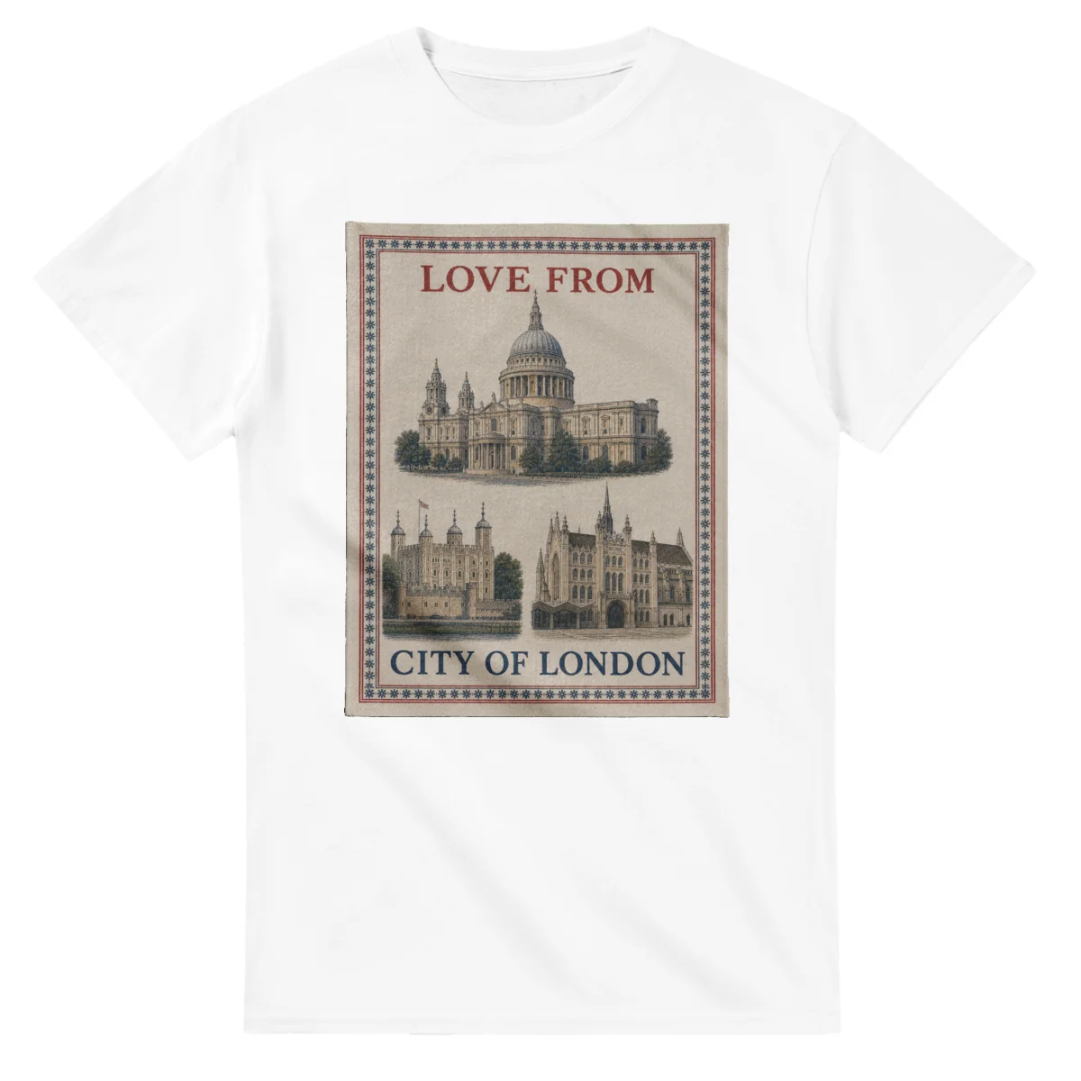 Framed scenic design for City of London, with several local views, a decorative border and LOVE FROM lettering.