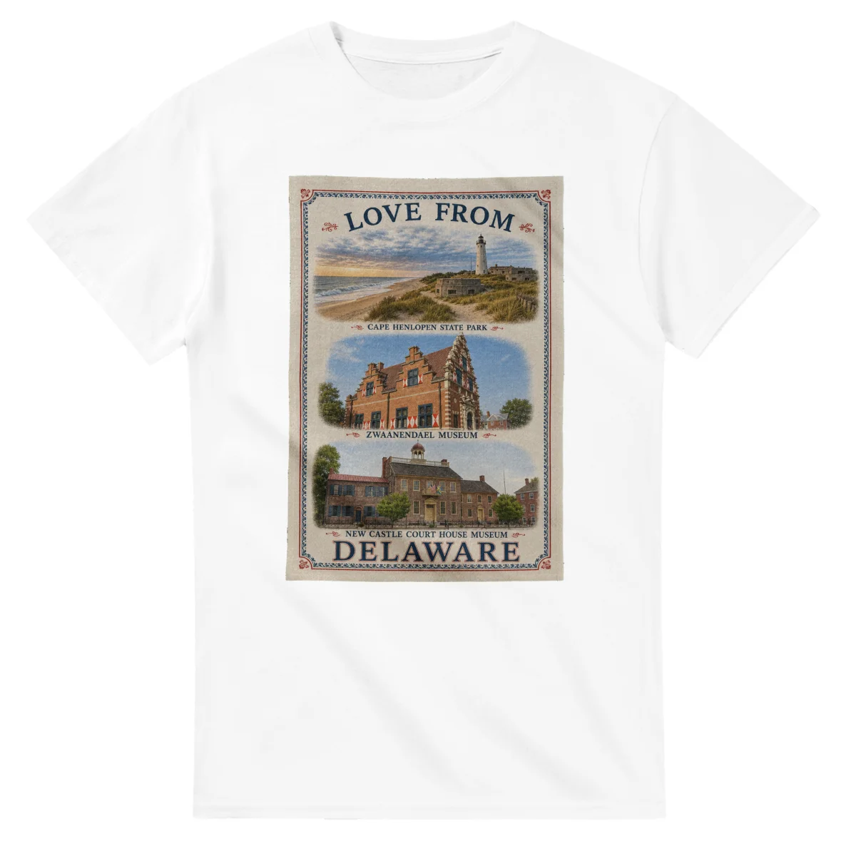 Framed scenic design for Delaware, with several local views, a decorative border and LOVE FROM lettering.