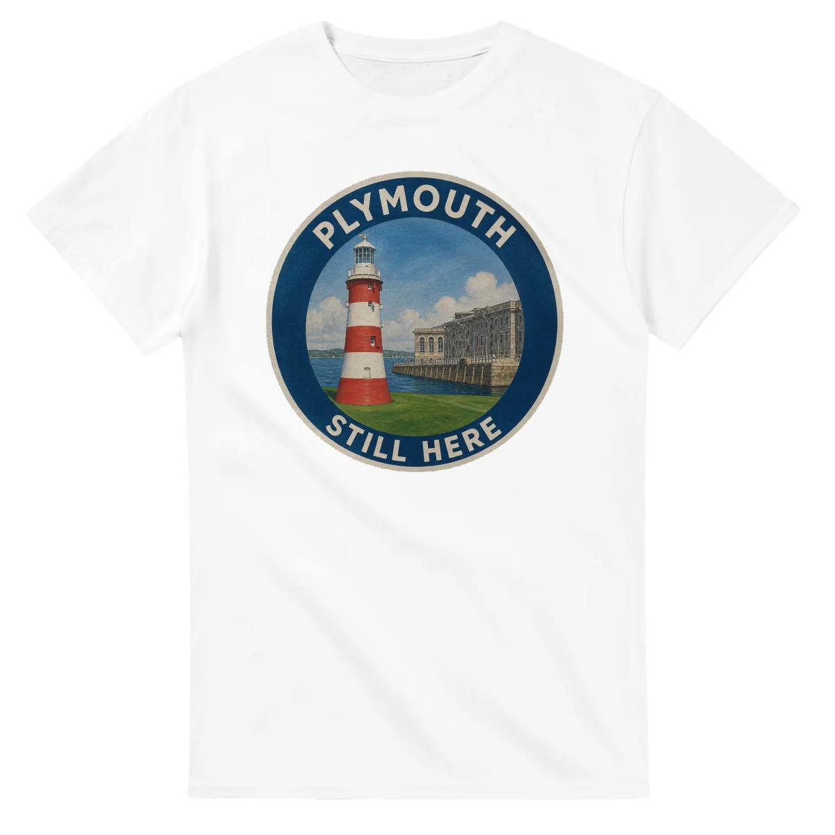 Painted, panelled scenic illustration for Plymouth, with paired local scenes and the place name in lettering.