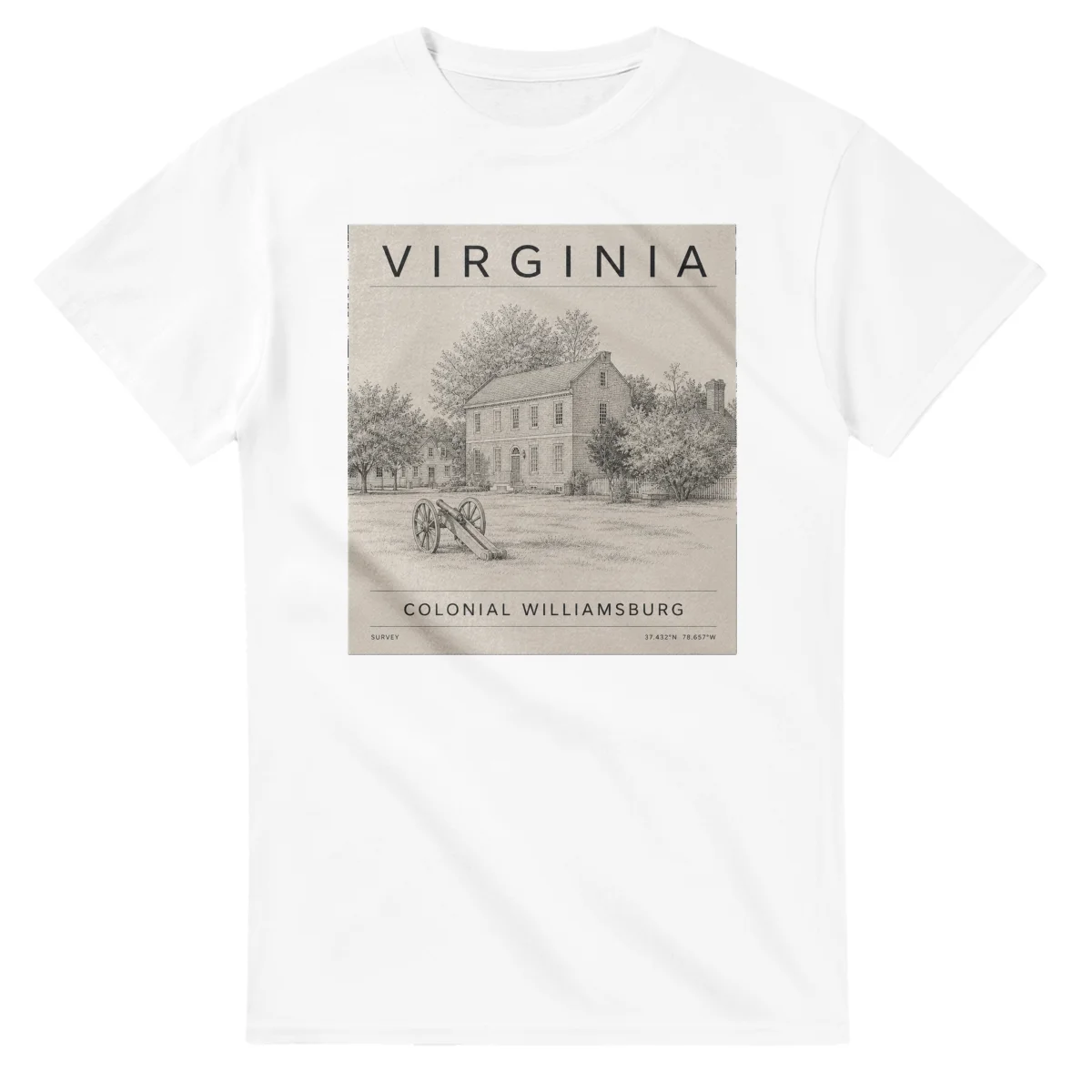 Fine-line engraving-style drawing for Virginia, with a landmark caption and small coordinate text.