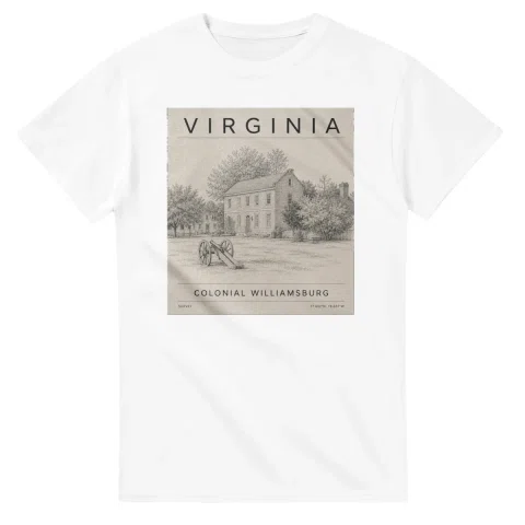 Fine-line engraving-style drawing for Virginia, with a landmark caption and small coordinate text.