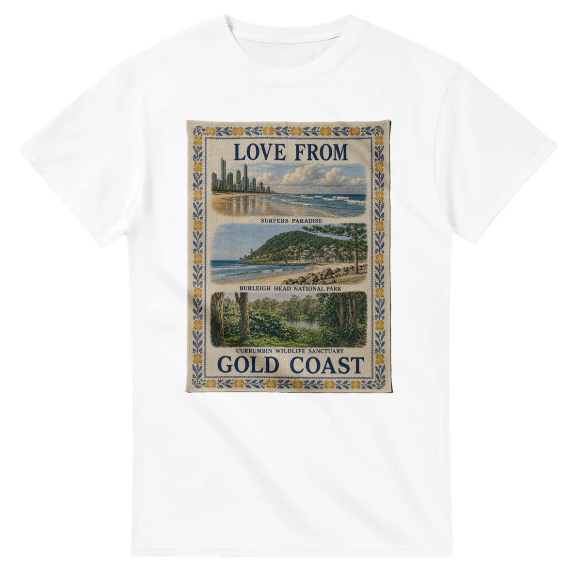 Framed scenic design for Gold Coast, with several local views, a decorative border and LOVE FROM lettering.