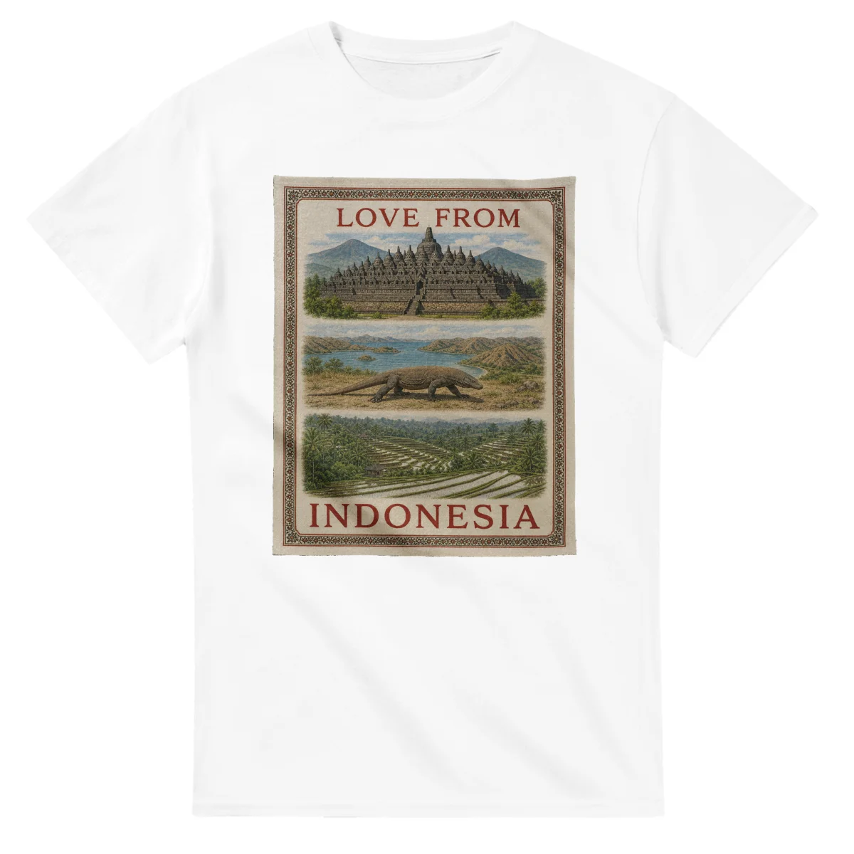 Framed scenic design for Indonesia, with several local views, a decorative border and LOVE FROM lettering.