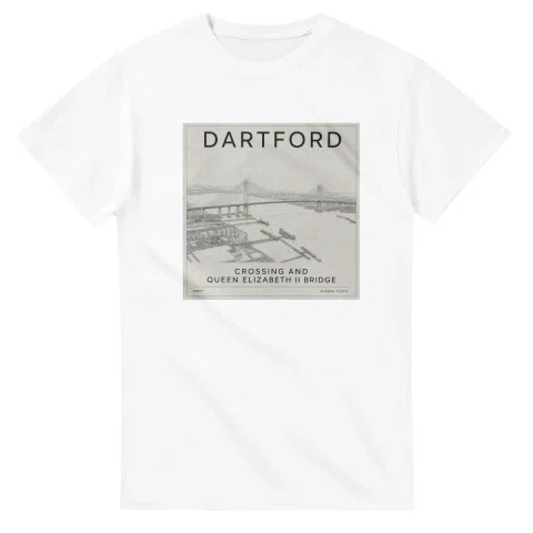 Fine-line engraving-style drawing for Dartford, with a landmark caption and small coordinate text.