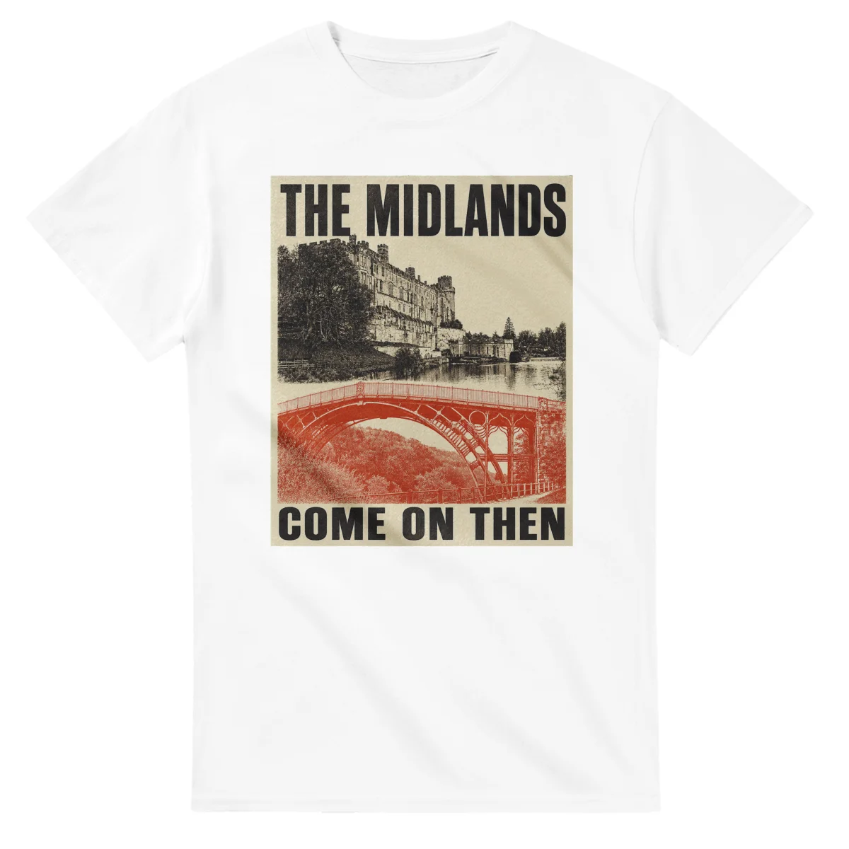 Two-colour scenic illustration for The Midlands, with the place name and COME ON THEN lettering.