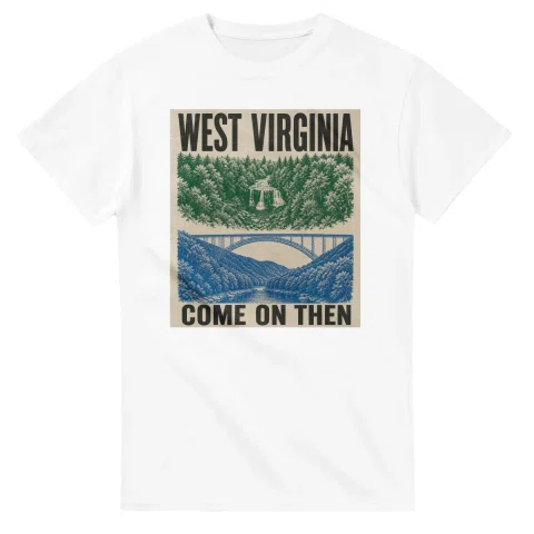 Two-colour scenic illustration for West Virginia, with the place name and COME ON THEN lettering.