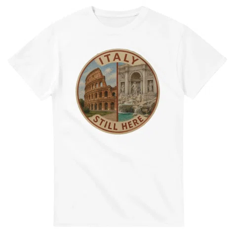 Painted, panelled scenic illustration for Italy, with paired local scenes and the place name in lettering.