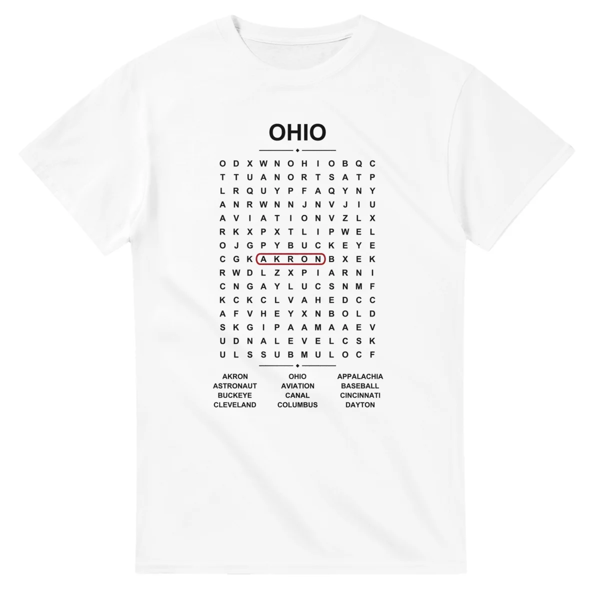 Word-search sheet for Ohio, with a large place-name heading, a letter grid, a local answer list, and a red highlighted example word.
