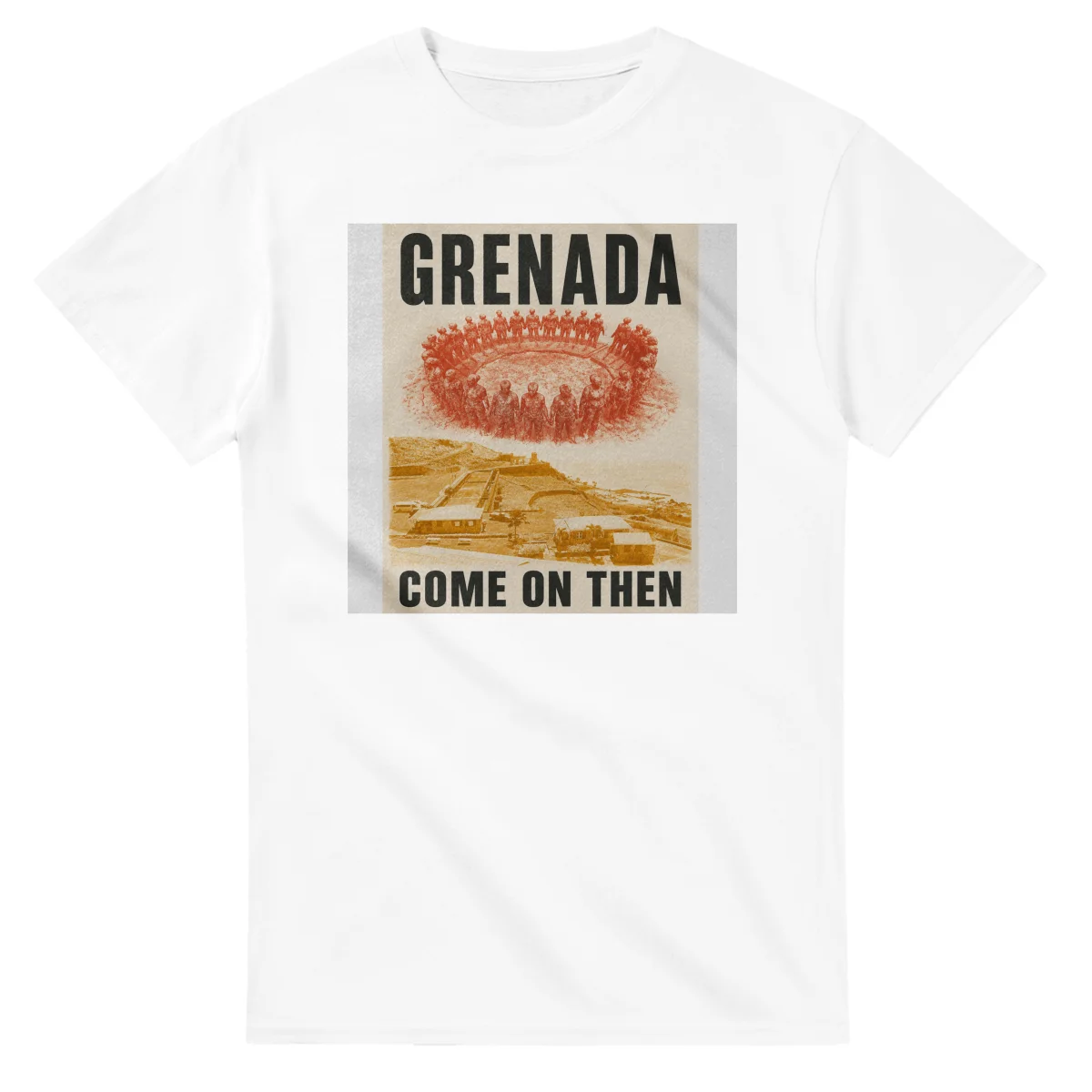 Two-colour scenic illustration for Grenada, with the place name and COME ON THEN lettering.