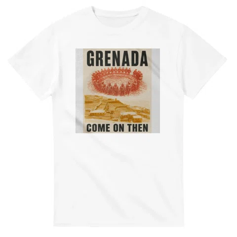 Two-colour scenic illustration for Grenada, with the place name and COME ON THEN lettering.
