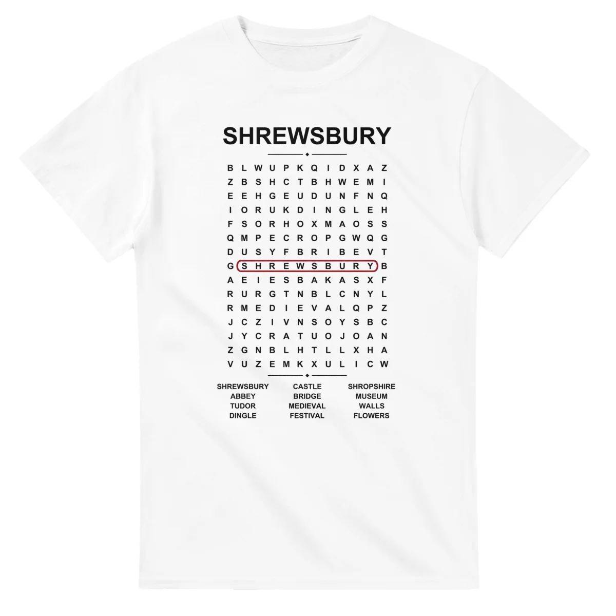 Word-search sheet for Shrewsbury, with a large place-name heading, a letter grid, a local answer list, and a red highlighted example word.