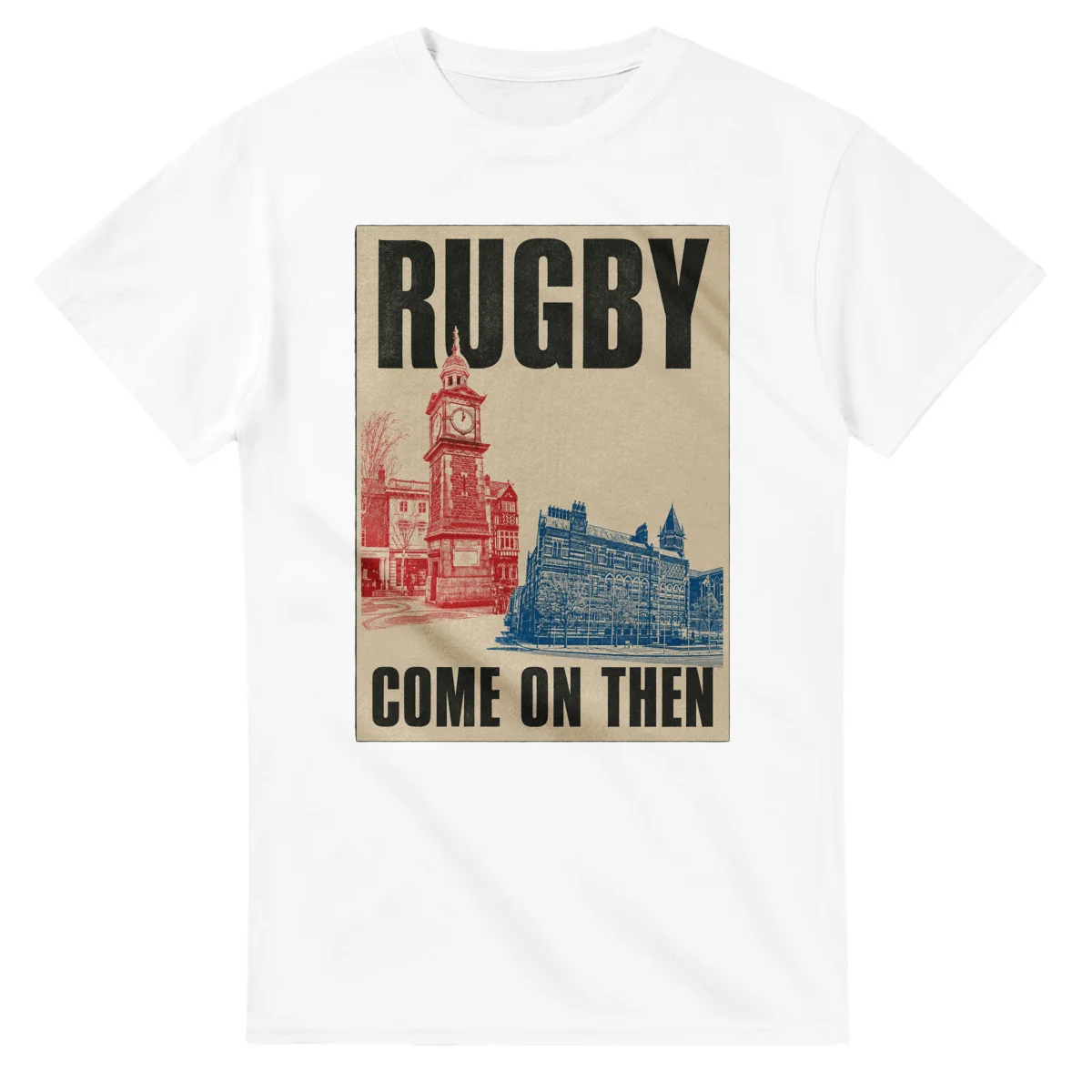 Two-colour scenic illustration for Rugby, with the place name and COME ON THEN lettering.