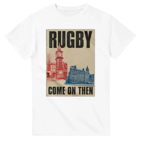 Two-colour scenic illustration for Rugby, with the place name and COME ON THEN lettering.