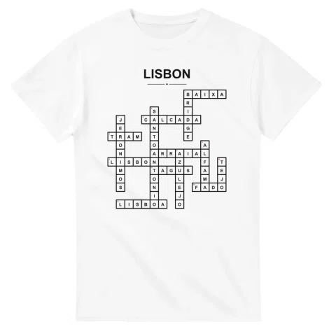 Monochrome crossword sheet for Lisbon, with a large place-name heading, a letter grid, and numbered across and down clues.