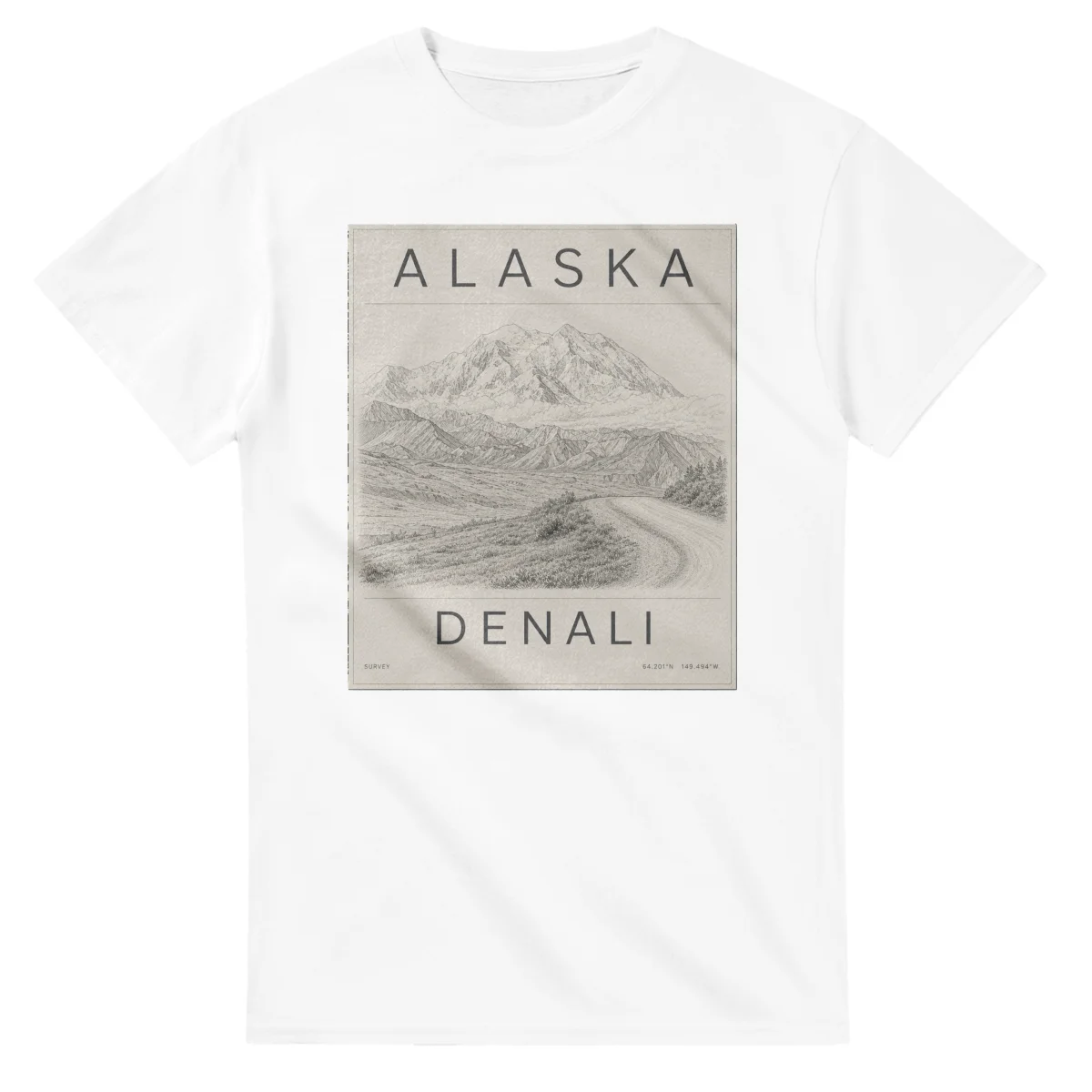 Fine-line engraving-style drawing for Alaska, with a landmark caption and small coordinate text.