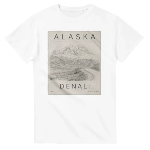 Fine-line engraving-style drawing for Alaska, with a landmark caption and small coordinate text.