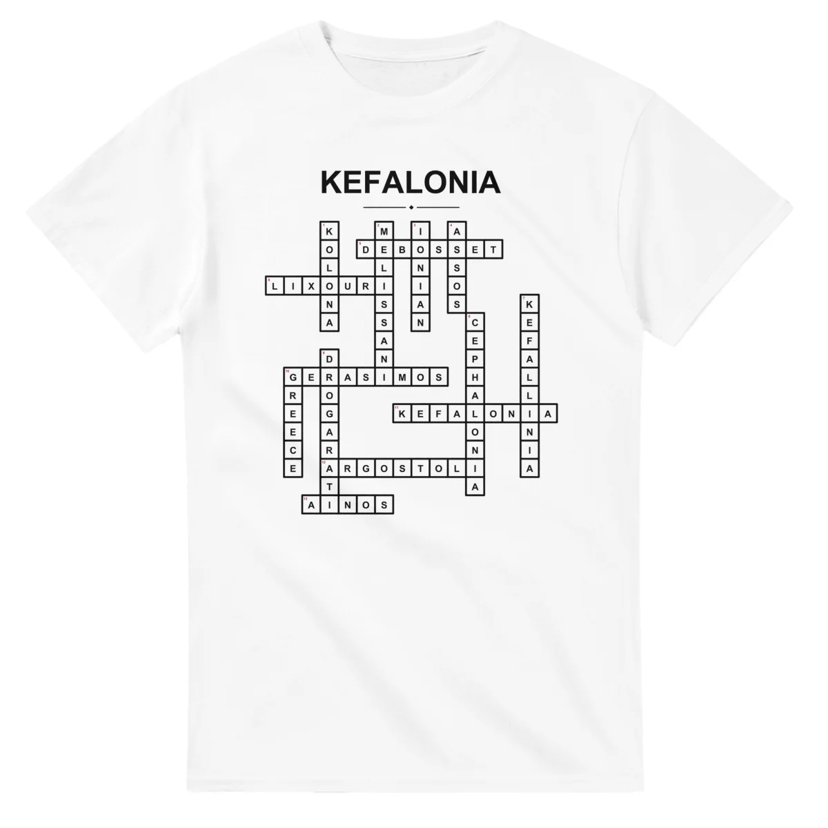 Monochrome crossword sheet for Kefalonia, with a large place-name heading, a letter grid, and numbered across and down clues.