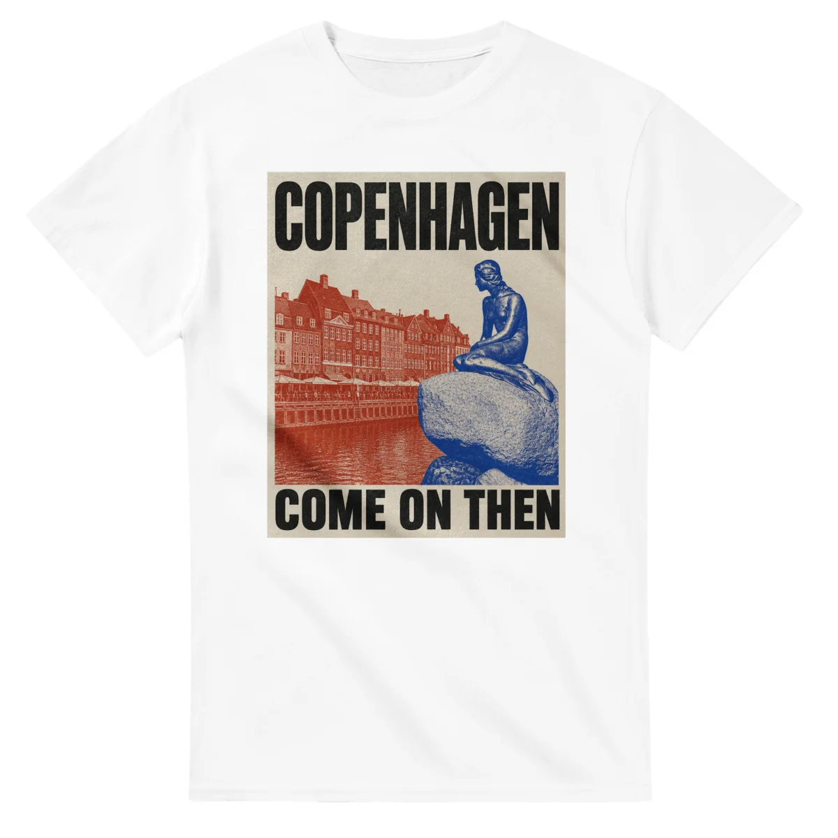Two-colour scenic illustration for Copenhagen, with the place name and COME ON THEN lettering.