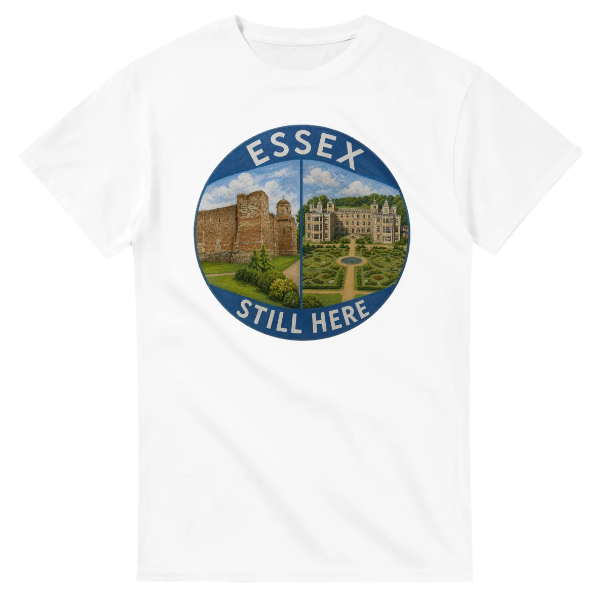Painted, panelled scenic illustration for Essex, with paired local scenes and the place name in lettering.