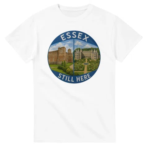 Painted, panelled scenic illustration for Essex, with paired local scenes and the place name in lettering.
